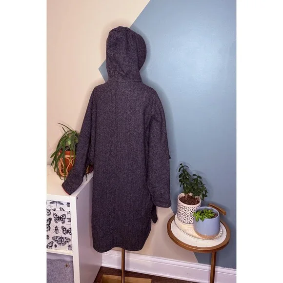 Vintage 90s Wool Hooded Swing Coat Cocoon Dolman Herringbone Small - Picture 3 of 14
